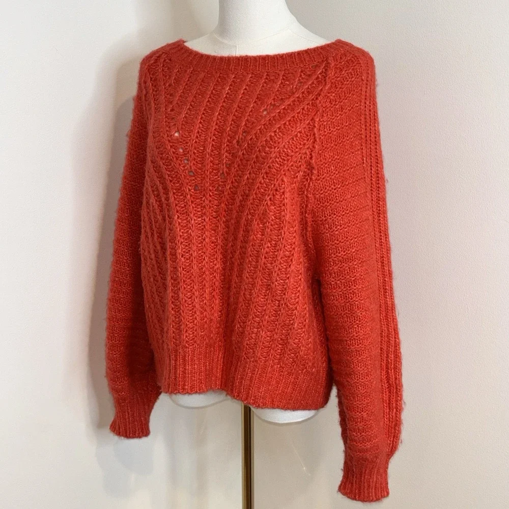 Free People Carter Fuzzy-Knit Pullover Sweater Red Hot OverSized Women's XS
